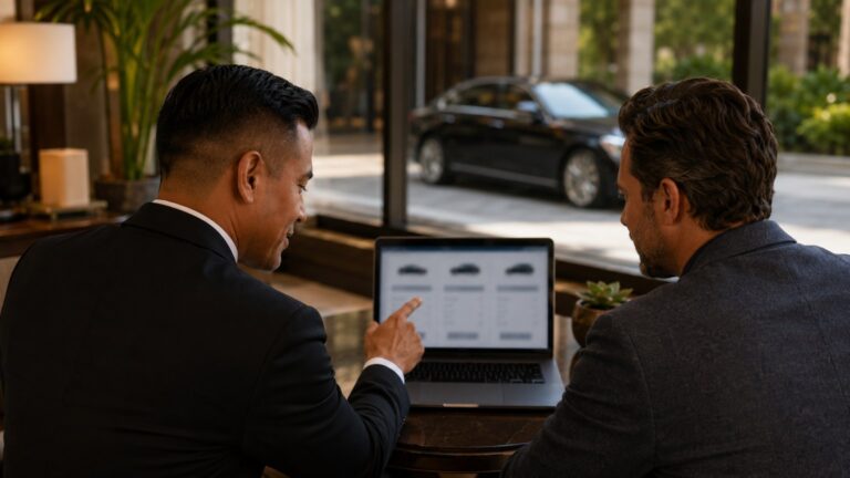 Private Chauffeur Cost in San Diego pricing factors with chauffeur reviewing trip plan beside sedan SUV and Sprinter