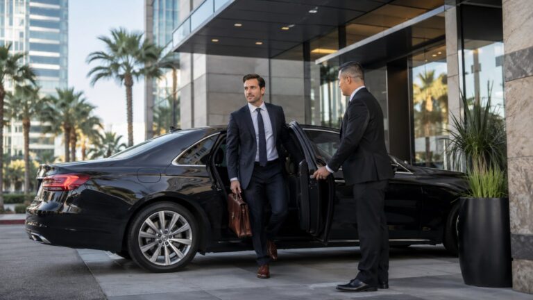 Private Chauffeur for Business Meetings in San Diego executive arriving at an office with a chauffeur and black sedan