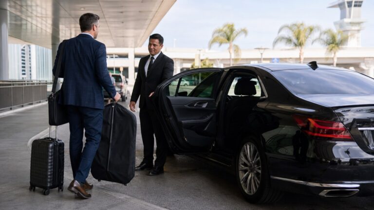 Professional Chauffeur for Business Travelers in San Diego SAN airport pickup with luggage and black sedan