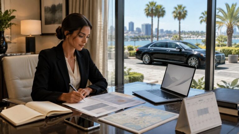 Professional Chauffeur for Business Travelers in San Diego executive assistant planning chauffeur itinerary at desk