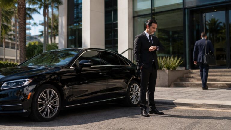 Professional Chauffeur for Business Travelers in San Diego chauffeur on standby beside black sedan outside office