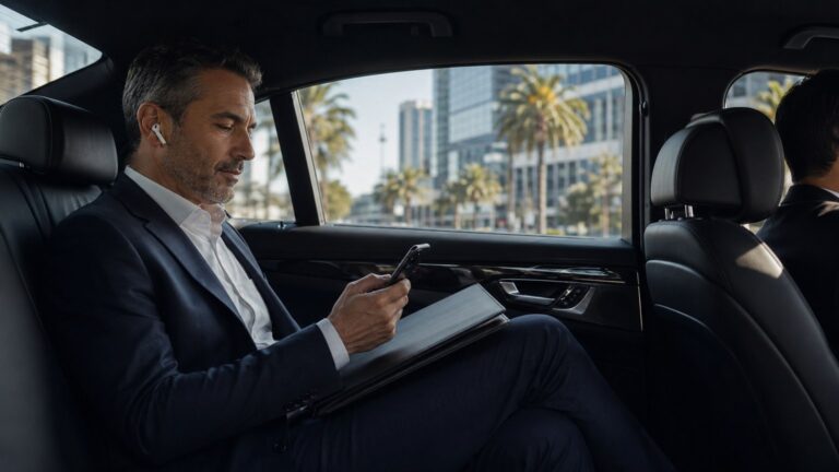 Professional Chauffeur for Business Travelers in San Diego executive focused privately in rear seat of sedan