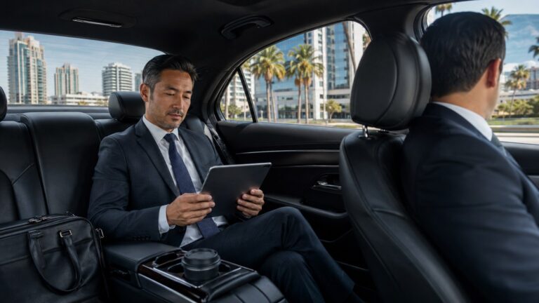 Professional Chauffeur for Business Travelers in San Diego executive reviewing tablet in back seat of sedan