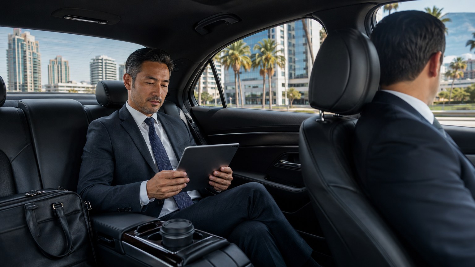 Professional Chauffeur for Business Travelers in San Diego executive reviewing tablet in back seat of sedan