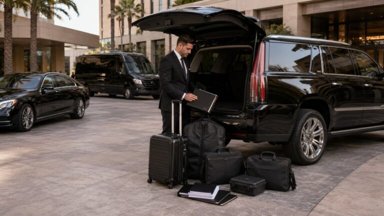 Professional Chauffeur for Business Travelers in San Diego vehicle planning with SUV sedan Sprinter and business luggage