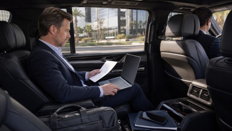 Professional Chauffeur for Business Travelers in San Diego executive preparing notes on laptop inside SUV