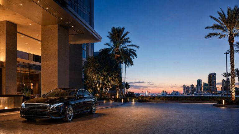 San Diego convention transportation black sedan outside San Diego hotel at dusk