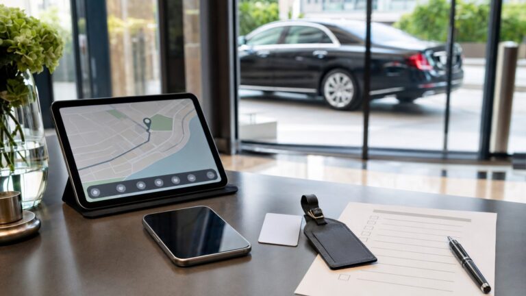 San Diego convention transportation checklist with tablet map and black car outside hotel