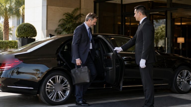 San Diego convention transportation with chauffeur assisting VIP speaker into black luxury sedan at hotel pickup