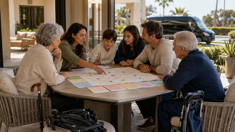 San Diego Multigenerational Family Transportation as grandparents, parents, and children plan flexible stops around a table.