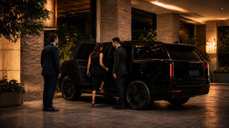 San Diego nightlife transportation hotel pickup with chauffeur assisting well-dressed guests into a black SUV