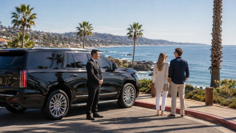San Diego Private Chauffeur Day Itinerary luxury SUV at scenic ocean overlook with travelers and chauffeur