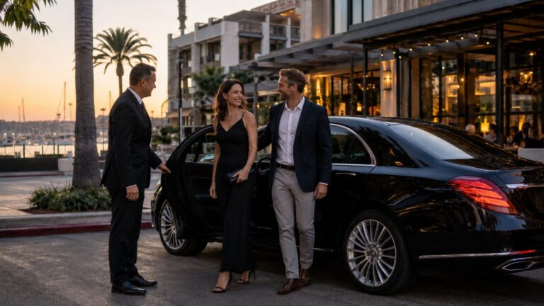 San Diego Private Chauffeur Day Itinerary dinner arrival with chauffeur and black sedan at waterfront restaurant