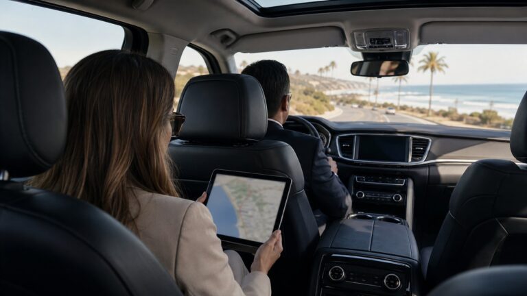 San Diego Private Chauffeur Day Itinerary passenger reviewing coastal route on tablet inside luxury SUV