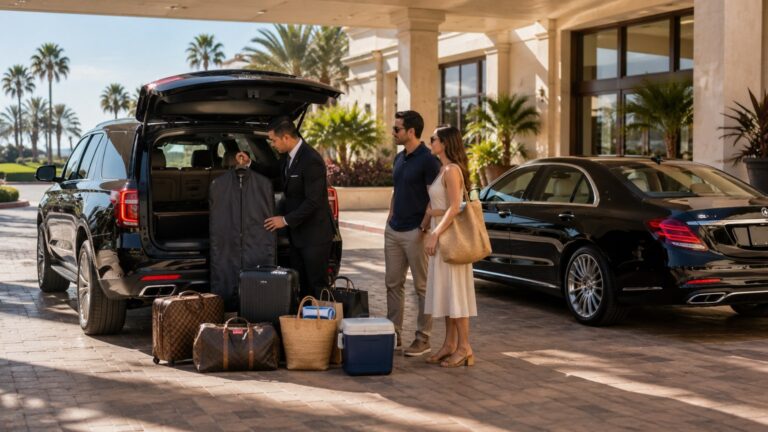 San Diego Private Chauffeur Day Itinerary sedan and SUV comparison with luggage beach gear and chauffeur