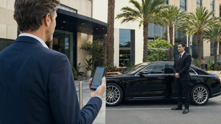 Uber Black vs prearranged black car service San Diego comparison with traveler phone and chauffeur sedan